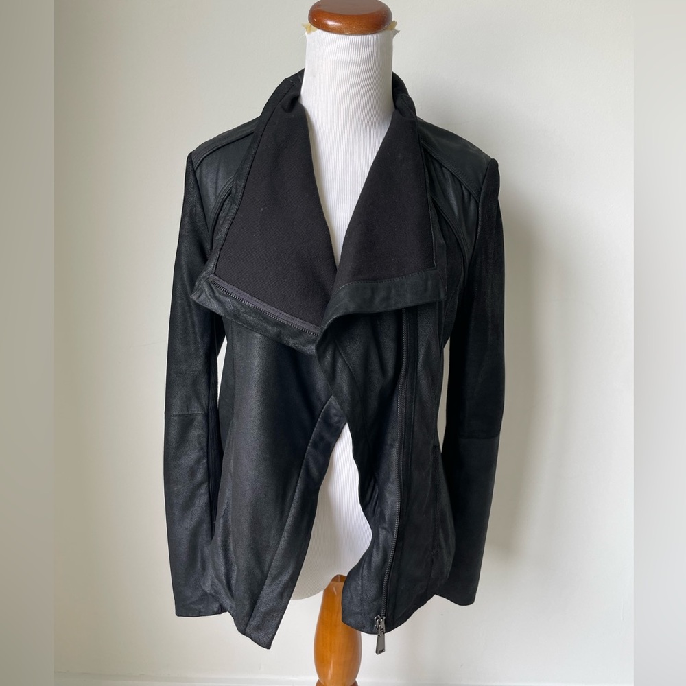 Elie Tahari Black Lamb Leather Moto Jacket Draped Collar Knit Trim Sz S Biker